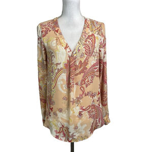 Rose + Olive Blouse Tunic size Small Pink Yellow Paisley Sheer Casual Career